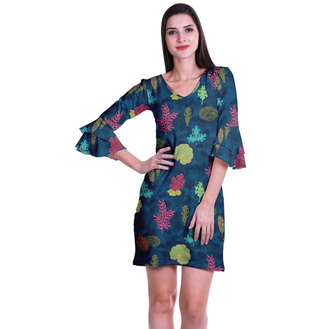 Moomaya Womens Imprimé Courte Robe Cloche Manches Robes de Décalage pour les Femmes Occasionnels Vêtements d'Été
