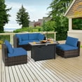 thumbnail image 2 of Patiojoy 6 Pieces Outdoor PE Rattan Wicker Sectional Sofa with 42" 60,000 BTU Gas Fire Pit Table, Patio Conversation Set with Tempered Glass Coffee Table Navy Blue, 2 of 10