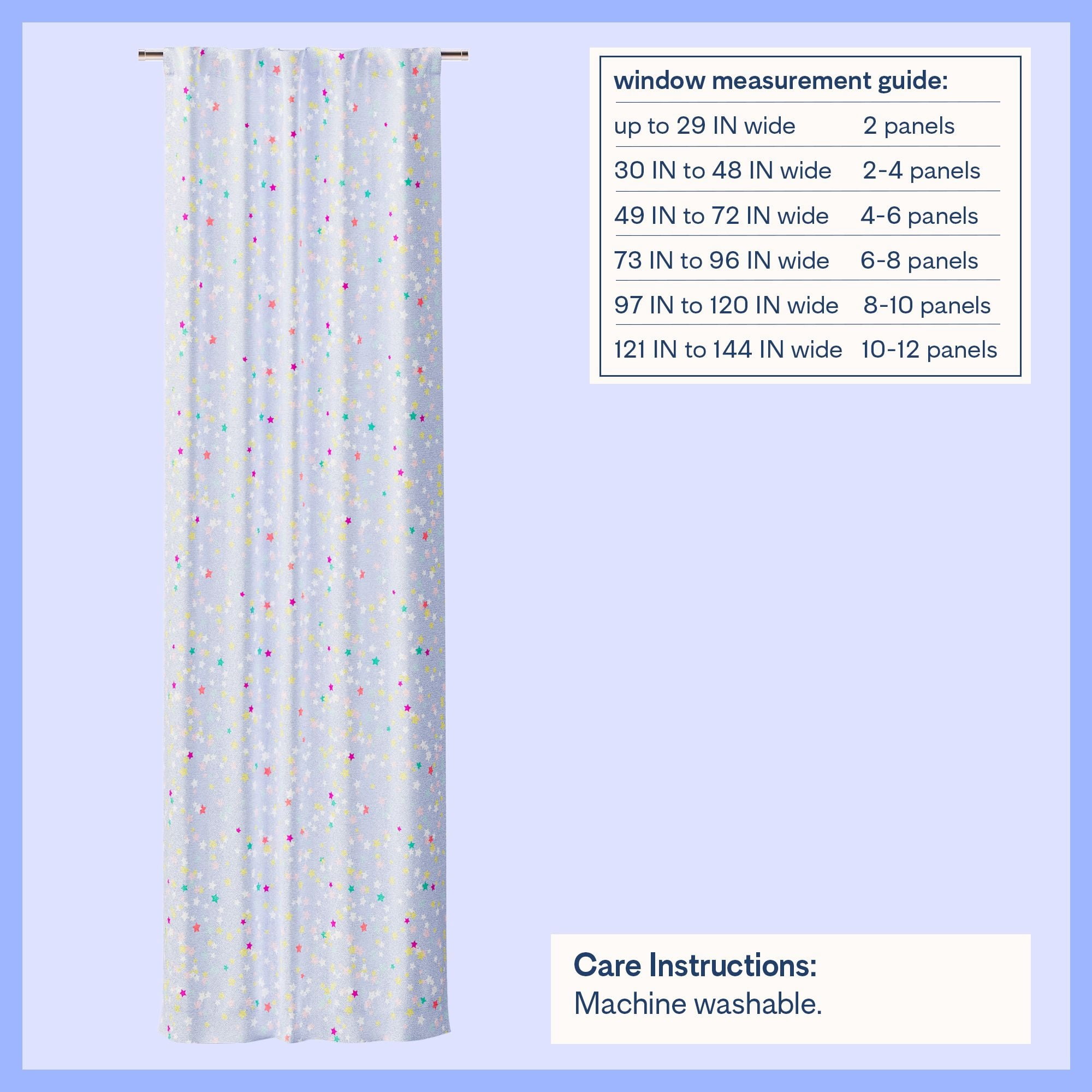 Mainstays Kids Light Purple Printed Glow in the Dark Blackout Rod Pocket with Back Tabs Single Curtain Panel, Multicolor Star Print, 38" W x 95" L