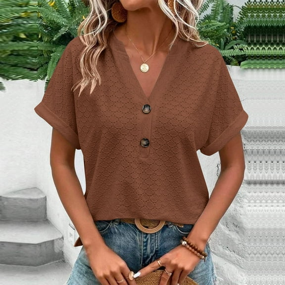 Aobny Tshirts Women Eyelet Button Brown Blouses & Tops Short Sleeve Blouse V-Neck Shirt for Women,L