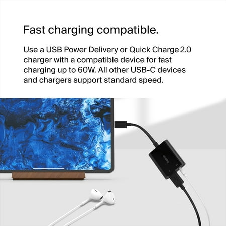 Belkin - 3.5mm Audio & USB-C Adaptor - Fast Charge Compatible USB-C Audio Adaptor for iPad Pro, Galaxy, Pixel, OnePlus & More - Black