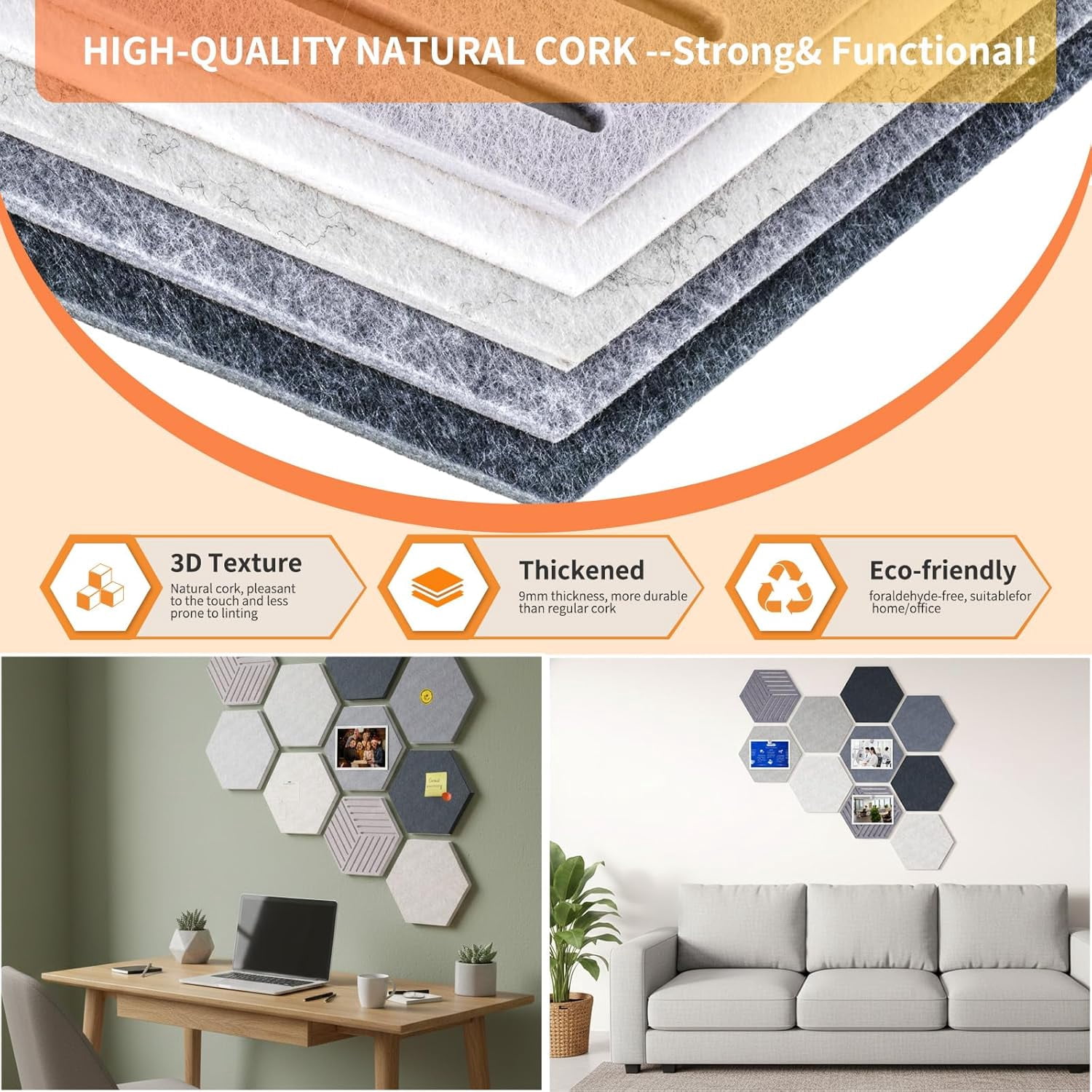 10PCS Hexagon Cork Boards for Walls Decor,12"*10.2" Felt Bulletin Board Tiles Sets Home Office Class Kitchen with 50 Push Pins,Self Adhesive DIY Pin Photos Memos