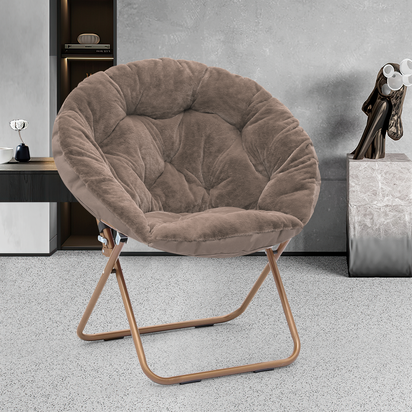Magshion Comfy Saucer Chair, Foldable Faux Fur Lounge Chair for Bedroom Living Room, Cozy Moon Chair with Metal Frame for Adults, X-Large, Beige - image 3 of 10