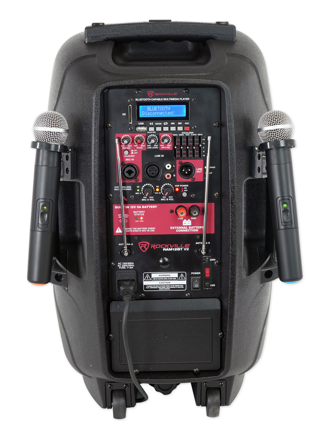 Rockville RAM12BT 12" Rechargeable Powered 600W DJ PA Speaker, 2 Mics, Bluetooth