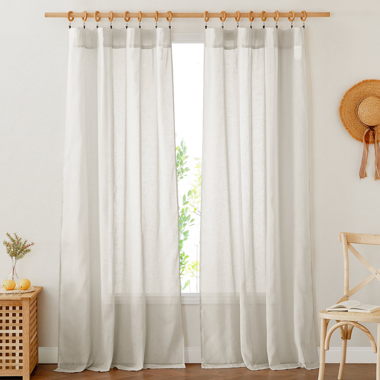NICETOWN Natural Linen Curtains 108 inches Long, Rod Pocket Linen Sheer Curtains Semi Sheer Linen Curtains Privacy Light Filtering Window Treatments for Farmhouse, 52"x108", 2 Panels