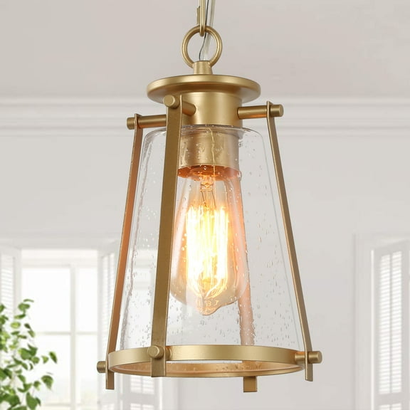LNC 1-Light Modern Pendant Light in Gold Finish with Seeded Glass Shade