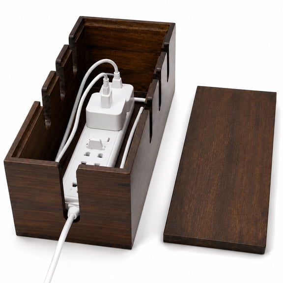 Cable Management Box, 12.2 x 5.1 x 4.7 in Wooden Cord Organizer Box with Lid, Walnut Finish Power Strip Cover for Home Office Desktop, Large Wood Wire Hider for TV Wires & Surge Protector