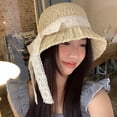 thumbnail image 4 of SikaFu Summer Fashion Big Hat Brim Sunscreen Hat Holiday Fisherman Hat Lace Bow Hollow Woven Straw Hat Woman, 4 of 6