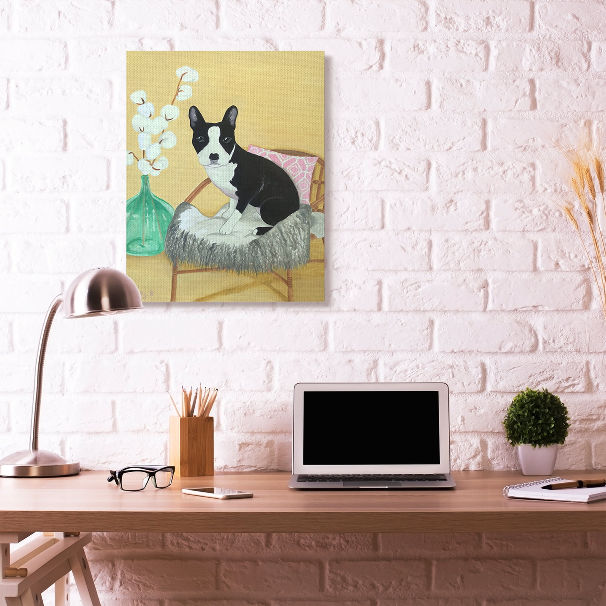 Stupell Home Décor Dog on Chair Yellow Green Pet Painting Canvas Wall Art by Sally B