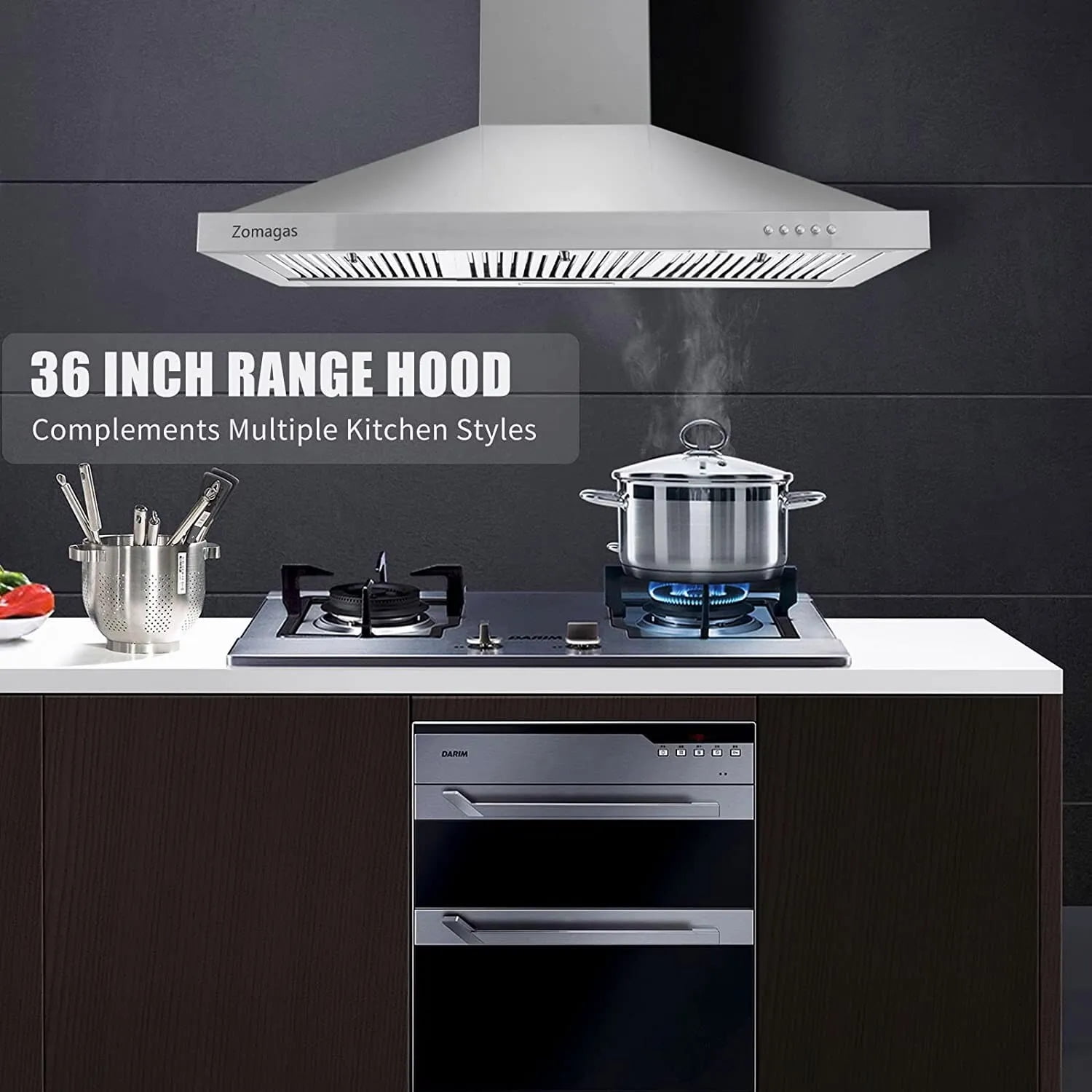 36" Wall Mount Range Hood 450CFM 120V - Stainless Steel with 3-Speed Control & LED Light