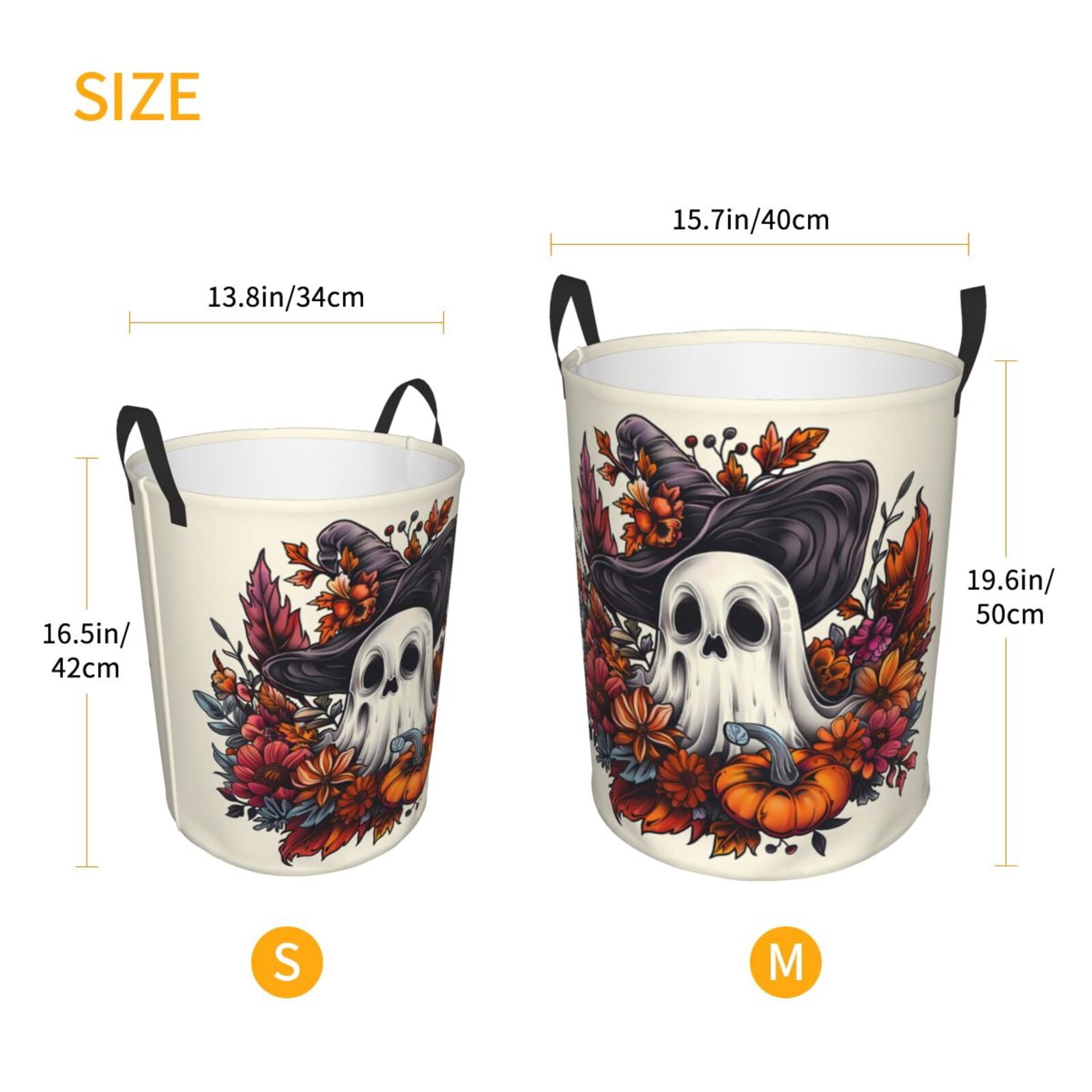 Large Laundry Basket with Handles - Halloween Pumpkin Flower Ghost Kids Baby Dirty Clothes Laundry Hamper for Bedroom Aesthetic