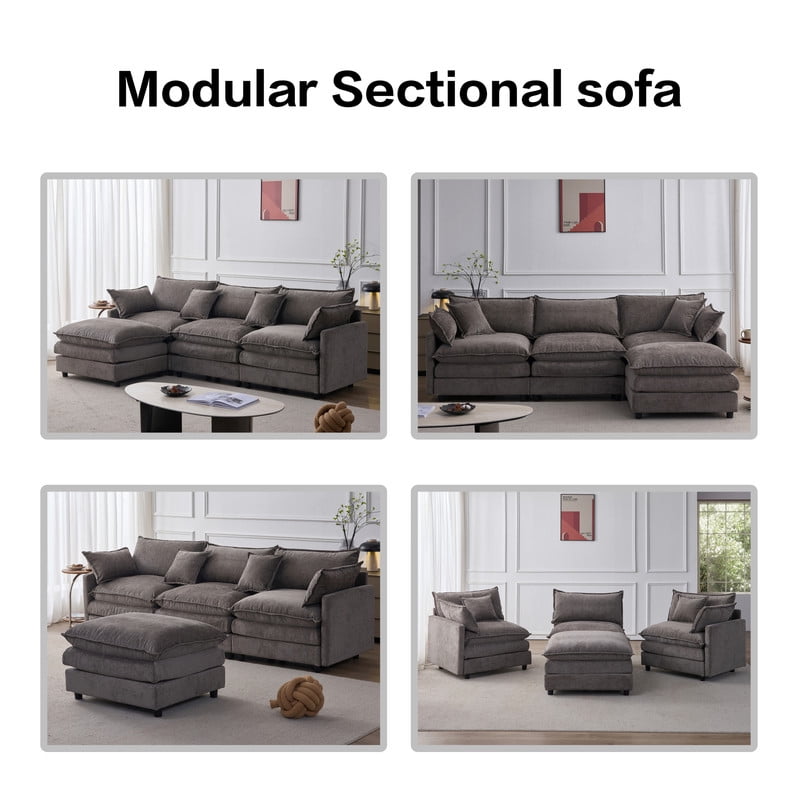 105" Modular Sectional Couch, 3-Seater Soft Chenille L-Shaped Sofa with Ottoman, Upholstery Sofa Couch with Pocket Coil & High-Density Foam for Living Room