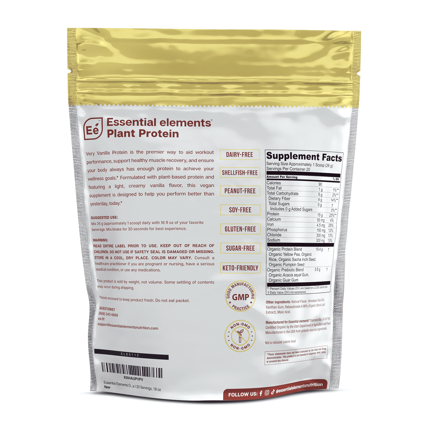 Essential Elements Pea Protein Powder - Very Vanilla | Low-Carb Plant-Based Vegan Blend - Keto-Friendly and Gluten-Free | 20 Servings, 18oz