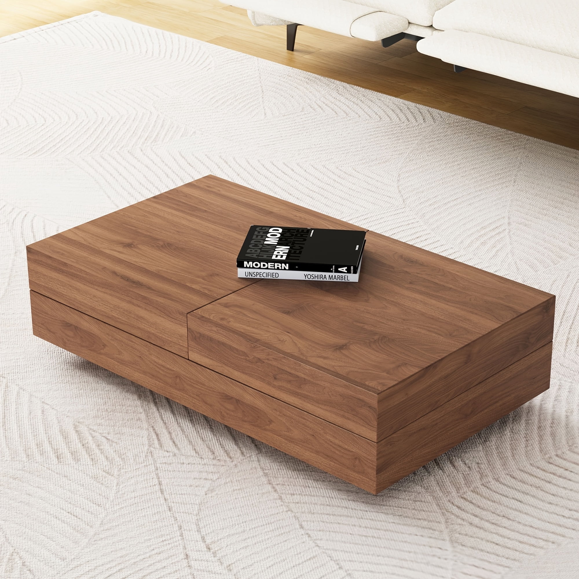 NessCarsti Mid-Century Modern Farmhouse 47.2-81.8" Expandable Coffee Table, Adjustable Center Table with Large Storage for Living Room, Walnut