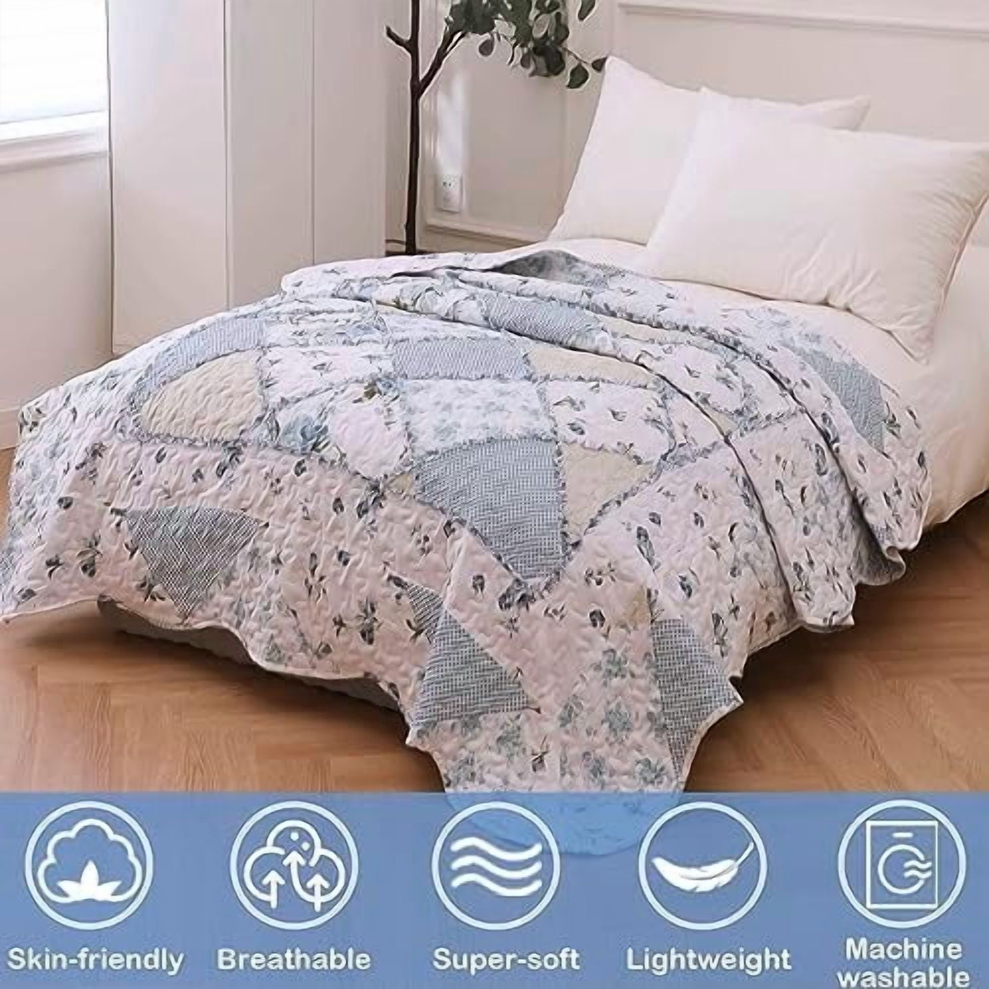 Twin Size Patchwork Quilt Throw Blanket for Couch Sofa Blue Vintage Floral Reversible Lightweight Quilted Bedspread Coverlets Flowers Quilt Soft Garden Comforter Bed Cover for Bed Home Decor