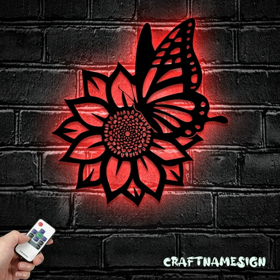 Craftnamesign Sunflower Farmhouse Metal Wall Art LED Light, Sunflower Butterfly Sign Home Decor