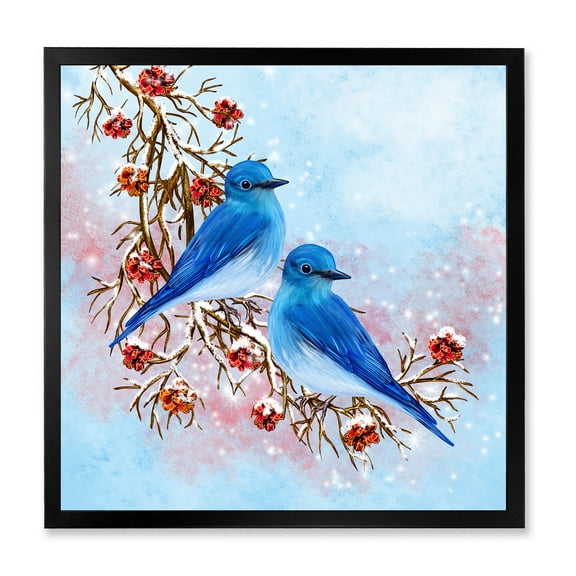 Designart 'Two Blue Birds Sitting On A Branch With Berries In Winter' Traditional Framed Art Print