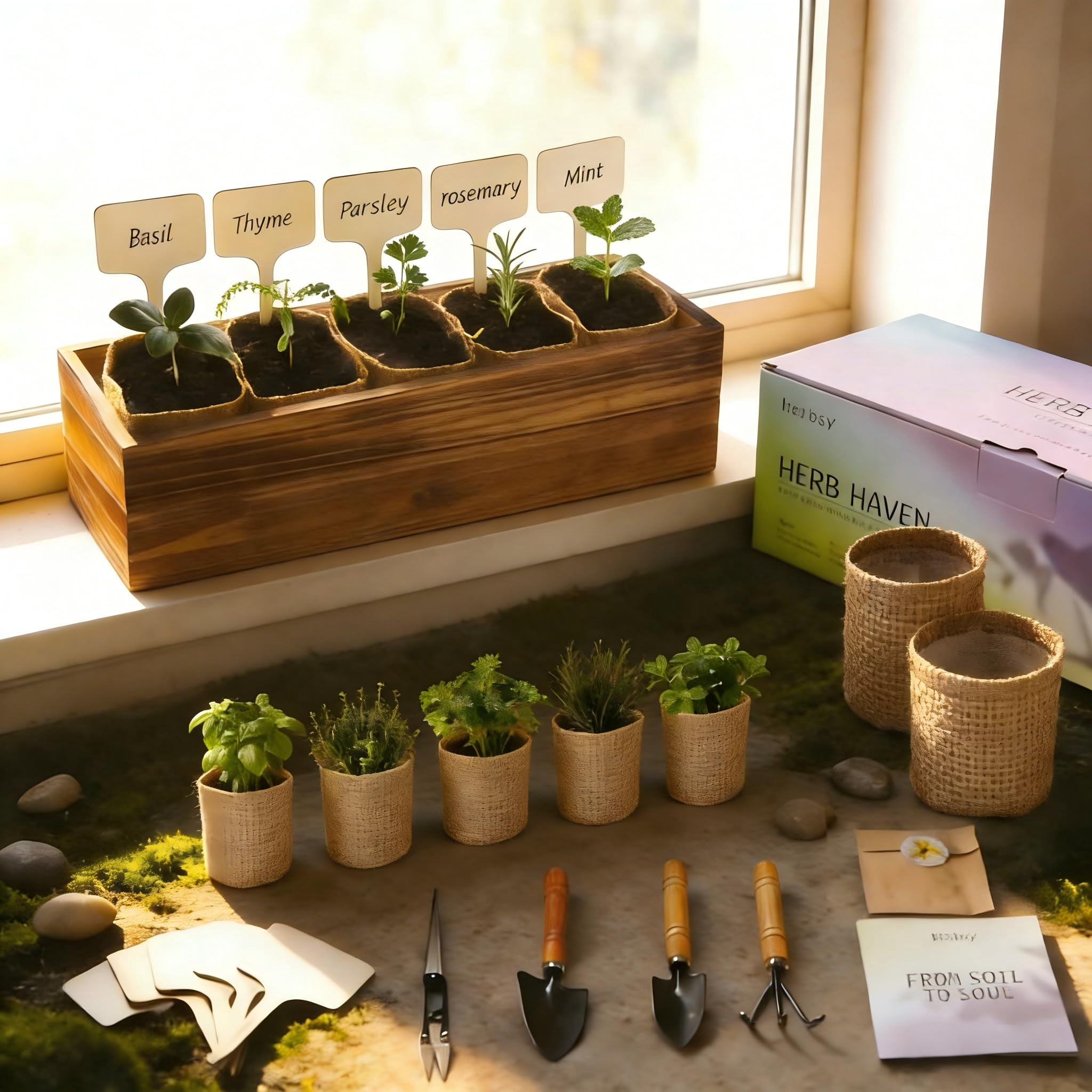 Herb Garden Kit with Wooden Box – Includes Basil, Thyme, Parsley, Rosemary & Mint – Windowsill Herb Garden for Kitchen – Gardening Gift for Mom, Women, Men
