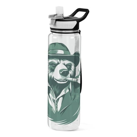 

32oz Transparent Sports Water Bottle with Straw BPA Free Tritan for Kids Adults Outdoor School Gym Fitness Bear with and A Hat