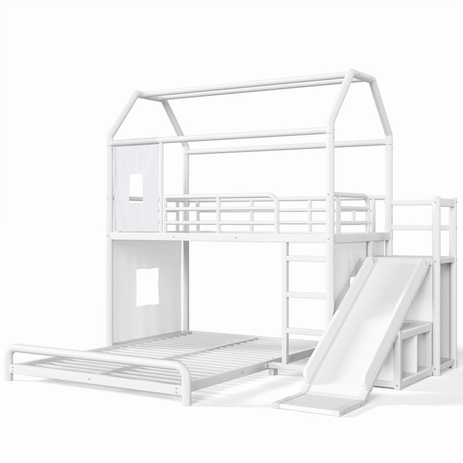 Twin over Full Metal Bunk Bed with Slide, Ladder, LED Light Strip, Privacy Curtain, Movable Storage Cabinet & Hanging Rod, House Shaped Kids Bunk Bed