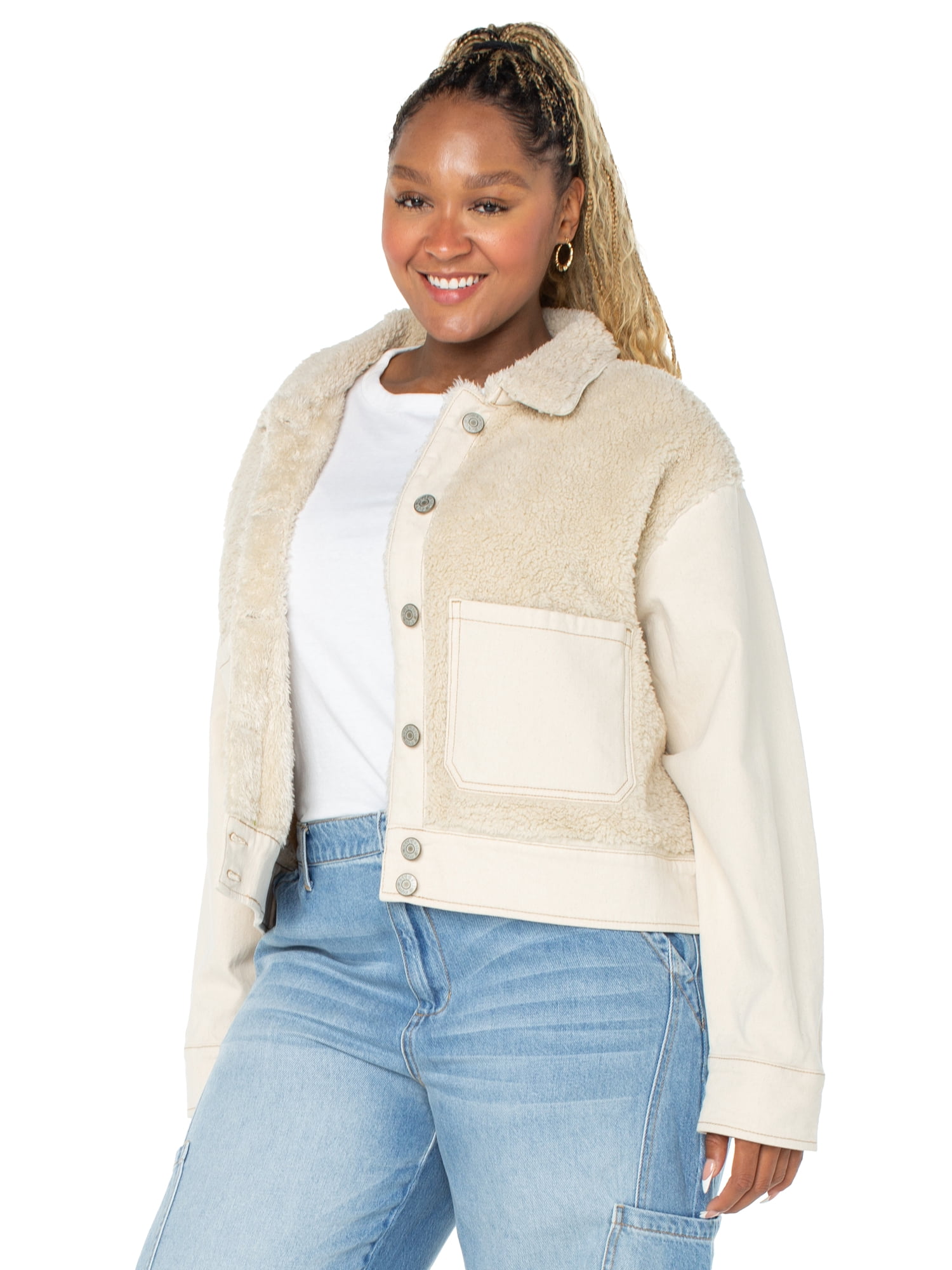 Celebrity Pink Women's and Women's Plus Faux Shearling Denim Jacket, Sizes XS-4X