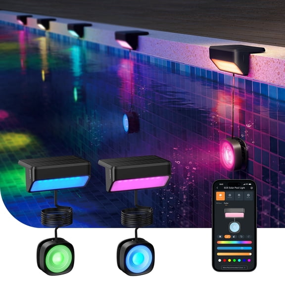 Linkind Smart Solar Pool Lights, RGBW LED with Dual-Zone App Control, IP68 Waterproof, Solar Powered for Inground & Above Ground Pools, Garden, Pond, Fence, 2-Pack