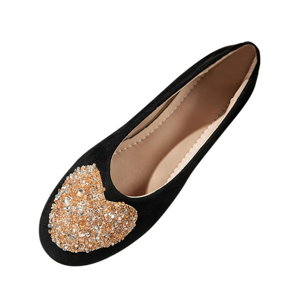 Black Women'S Slip-On Flats With Adorable Heart Accents, Round Toe, Soft Material For Comfortable Everyday Wear