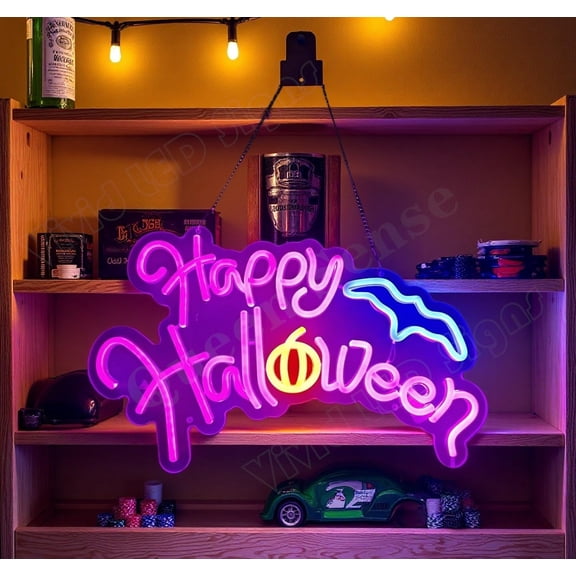 Queen Sense 16"x10" Happy Halloween Bat LED Neon Sign for Wall Decor Dimmable USB Powered LED Light W116HHB-5VLED
