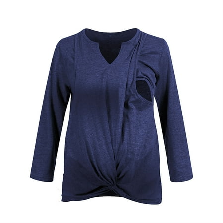 

SHENGXINY Nursing Clothes For Women Breastfeeding Autumn Maternity Clothes Casual Solid Long Sleeve V-neck Pregnant Tops Front Pregnancy Shirt