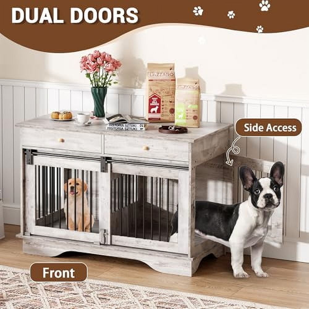 Ataucjin 47" Dog Crate Furniture with Storage Drawers & Removable Divider，Stylish Kennel for Large, Medium & Small Dogs