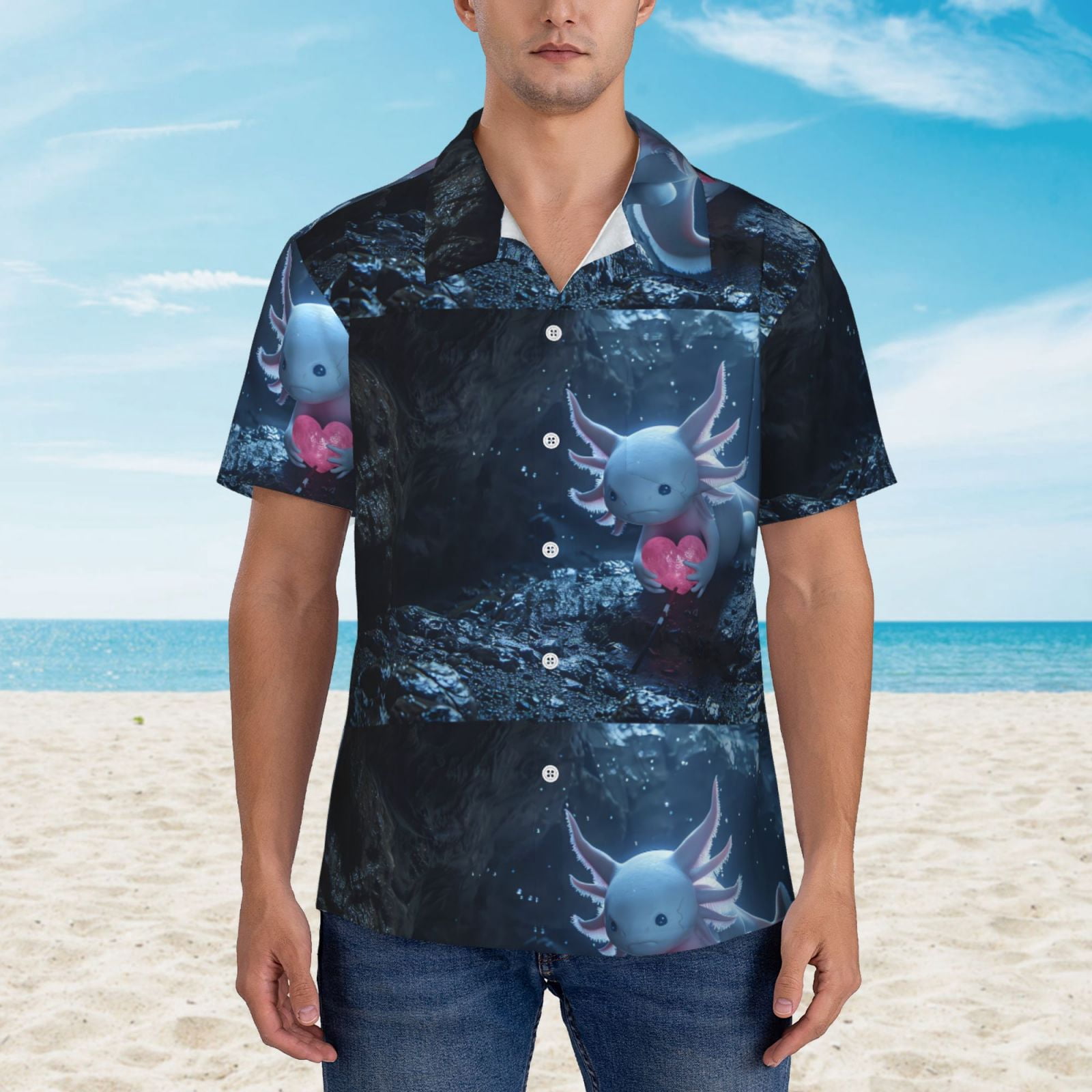 Logiee Heart Axolotl Print Mens Hawaiian Shirts,Loose-Fit Short Sleeve Button Down Tropical Aloha Beach Shirt,Summer Vacation Wedding Tops,Medium