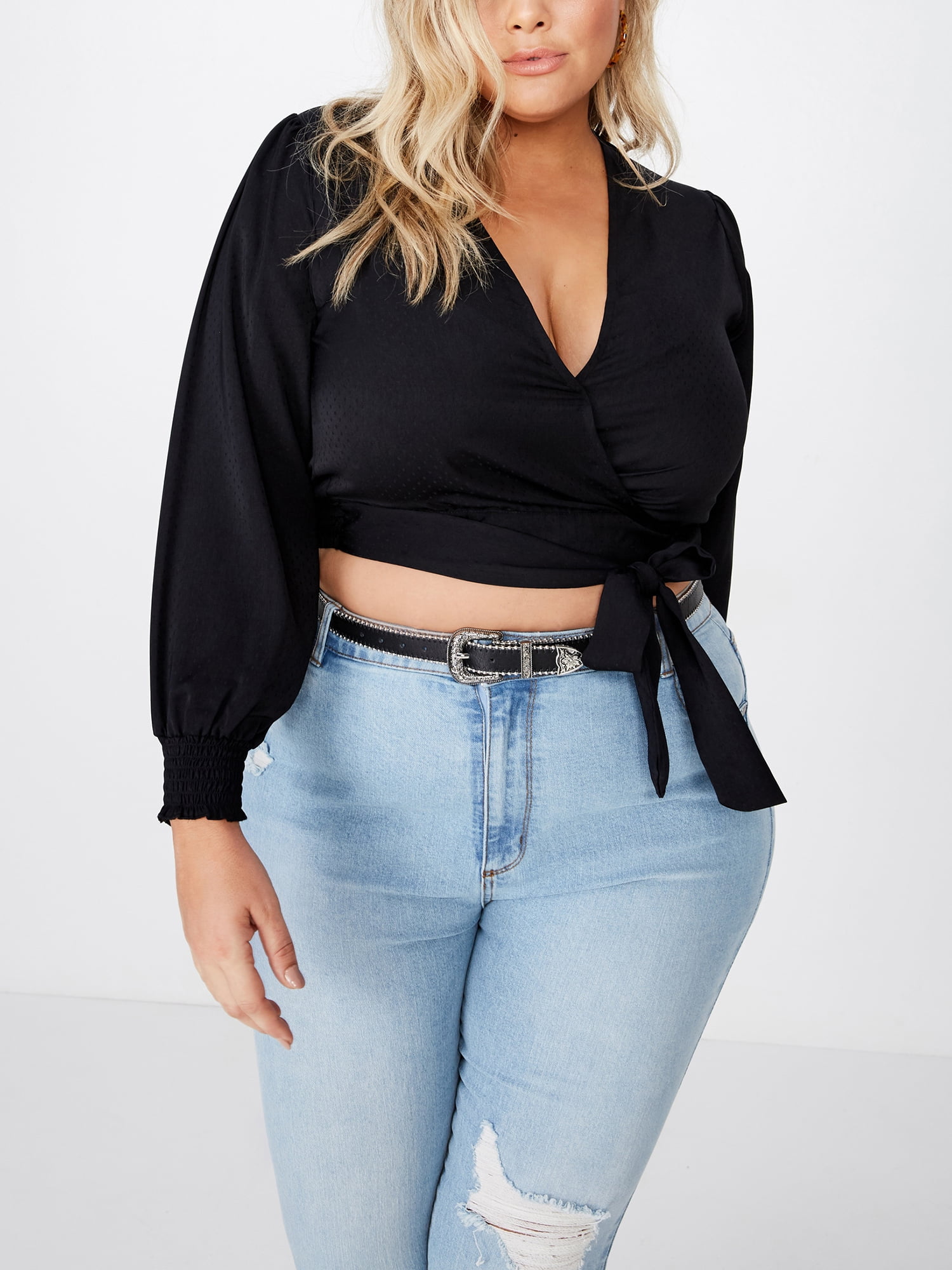 Tie-Front Cropped Wrap Blouse ...