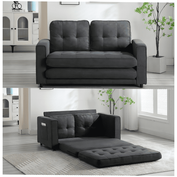 JERFIT Modern Velvet Convertible Sofa Bed 3-in-1 Sleeper Futon with Storage Pockets for Small Space, Dark Gray