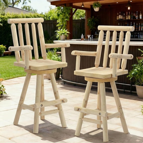 HOMEDIARY Solid Wood Swivel Adirondack Bar Chairs Set of 2, Outdoor Bar Height Barstools Chairs Set with High Back and Footrest, 29.8" High Top Chair for Deck Pub Garden, 500 LBS Capacity, Natural