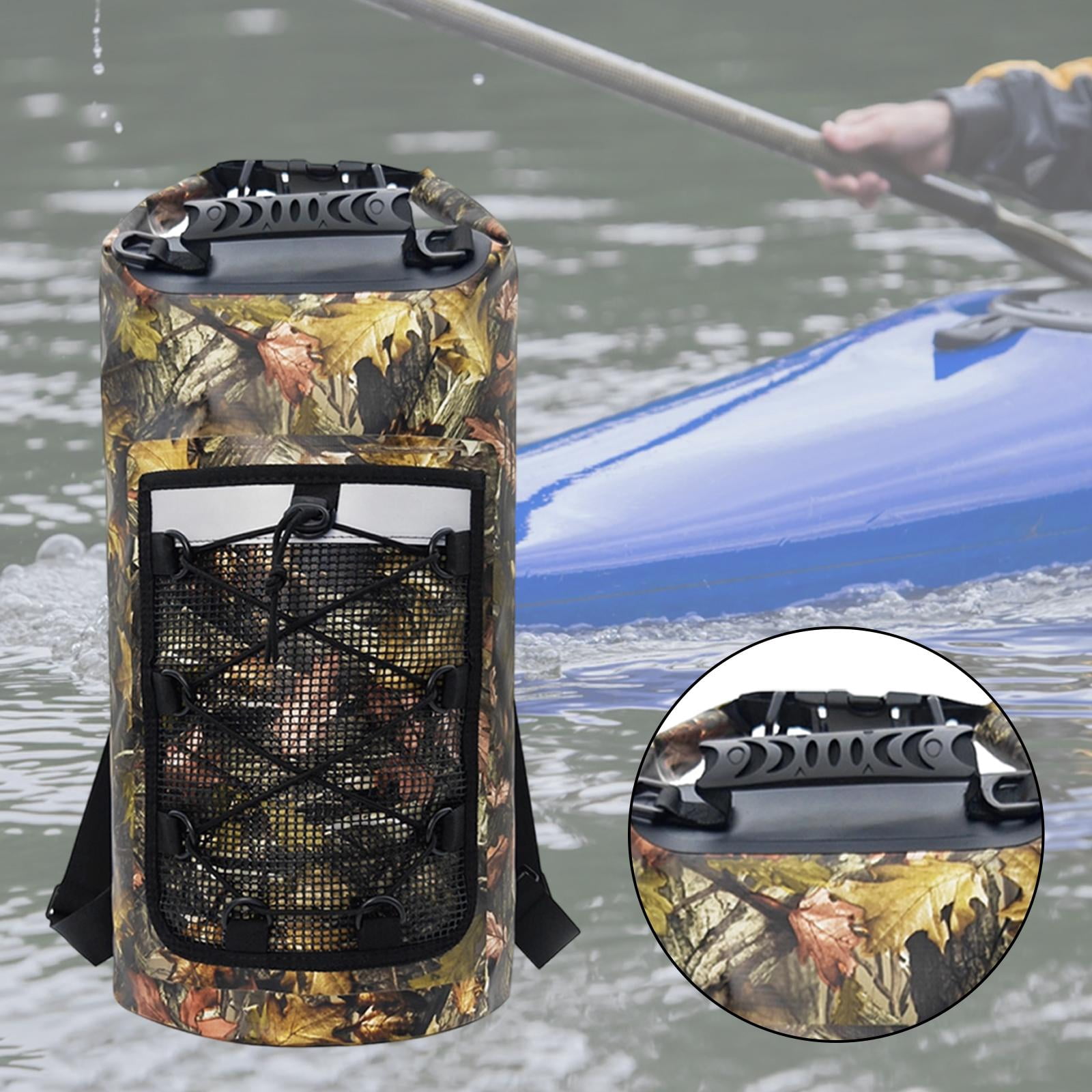 Dualoai Waterproof Dry Bag Multifunctional with Mesh Pocket Men Women Comfortable Floating Backpack Storage Bag for Swimming Kayaking Leaves Pattern