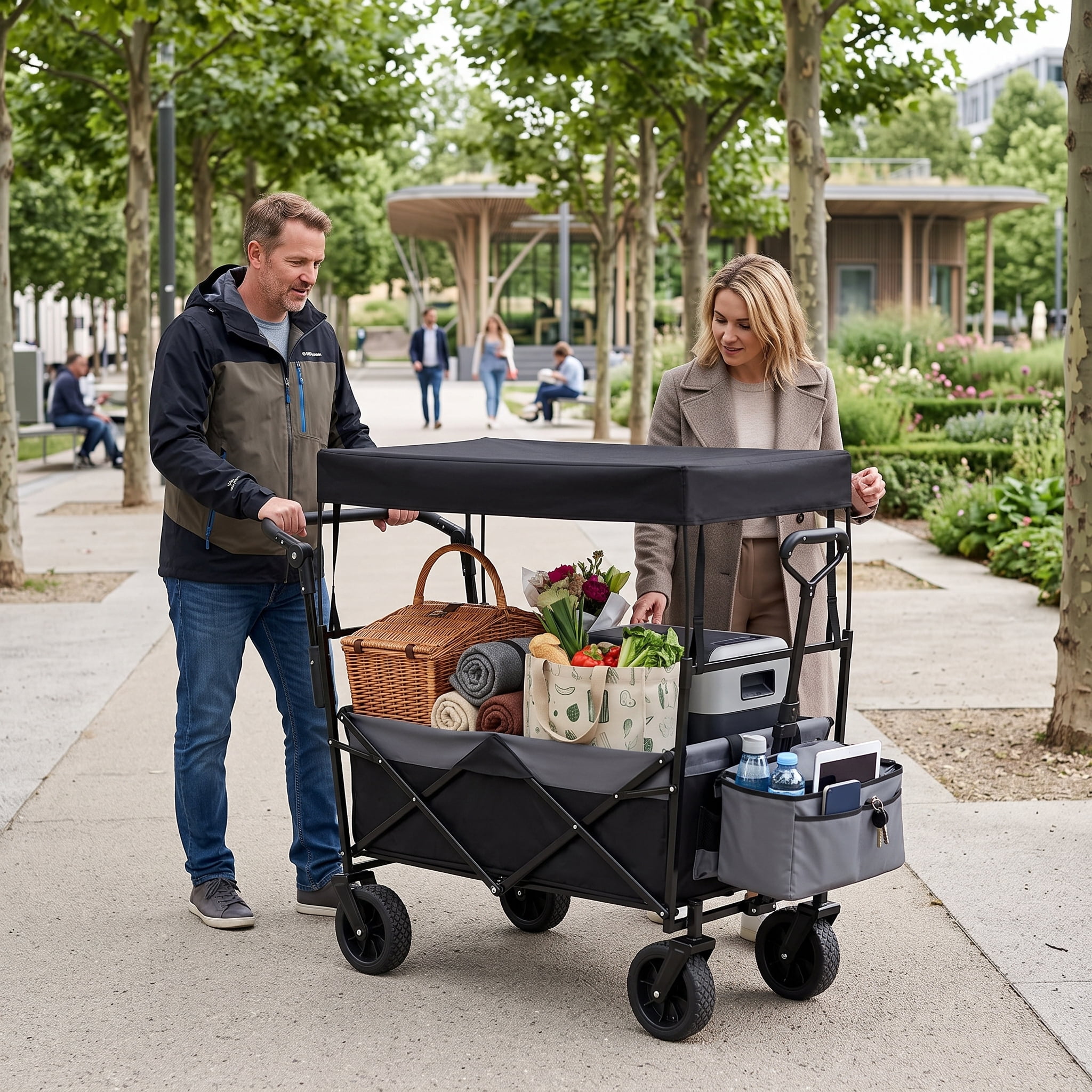 Collapsible Wagon with Push Handle & Canopy, Black, 480LBS Heavy-Duty Folding Cart, 7"×4" All-Terrain Wheels, Large Capacity for Camping, Shopping, Garden