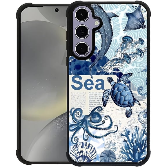 Case for Samsung Galaxy S24/S25, Four Corners Bumpers Anti-Slip Shock Absorbing Protective Case for Girls Boys-Blue Ocean Aesthetic Whale Shark Collage