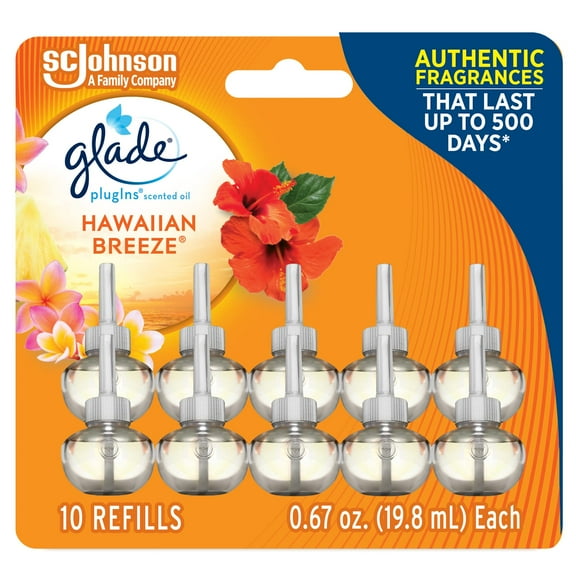Glade Plugins Refills Air Freshener, Scented And Essential Oils For Home And Bathroom, Hawaiian Breeze, 6.7 Fl Oz, 10 Count (Packaging May Vary)