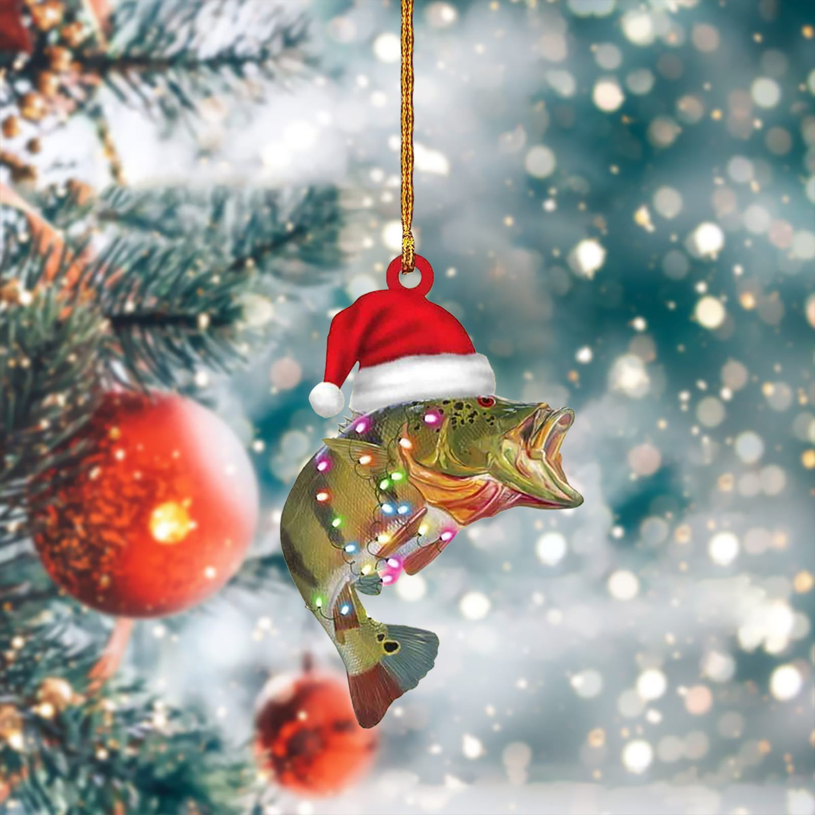 KEUSN Personalized Green Bass Fish Largemouth Flat 2D Christmas Ornaments  Tree Decorations Rear View Mirror Accessories Mini Christmas Ornaments