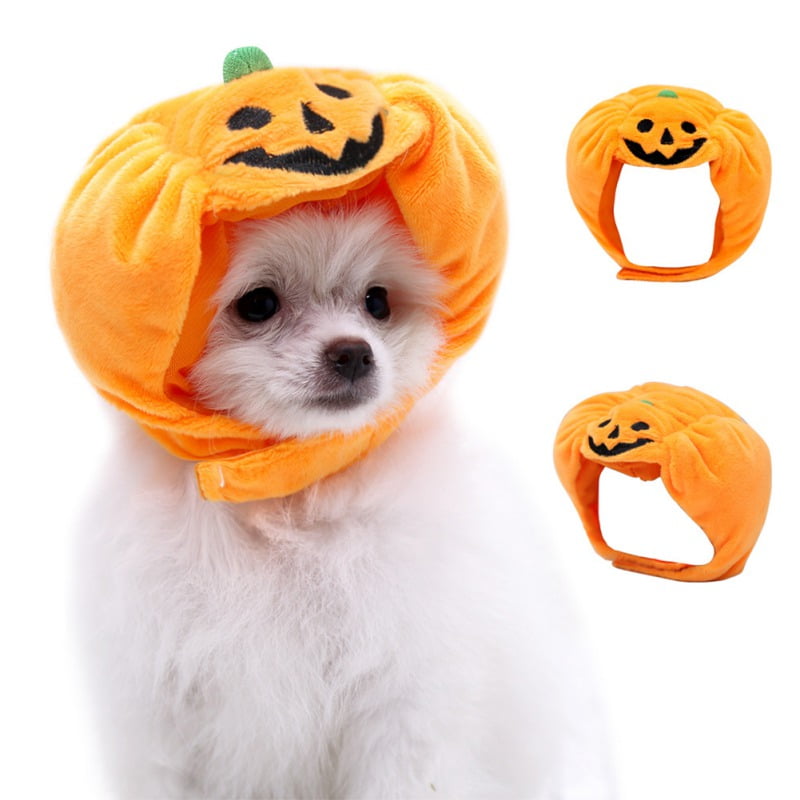 Orange Pet Halloween Pumpkin Hat,Teddy Dress Up Soft Cap,with Adjustable Adhesive Tape,Cat Head Wear with Ears,Cute Puppy Headdress,Cute Pumpkin Pattern,Funny Trick Halloween Decoration 