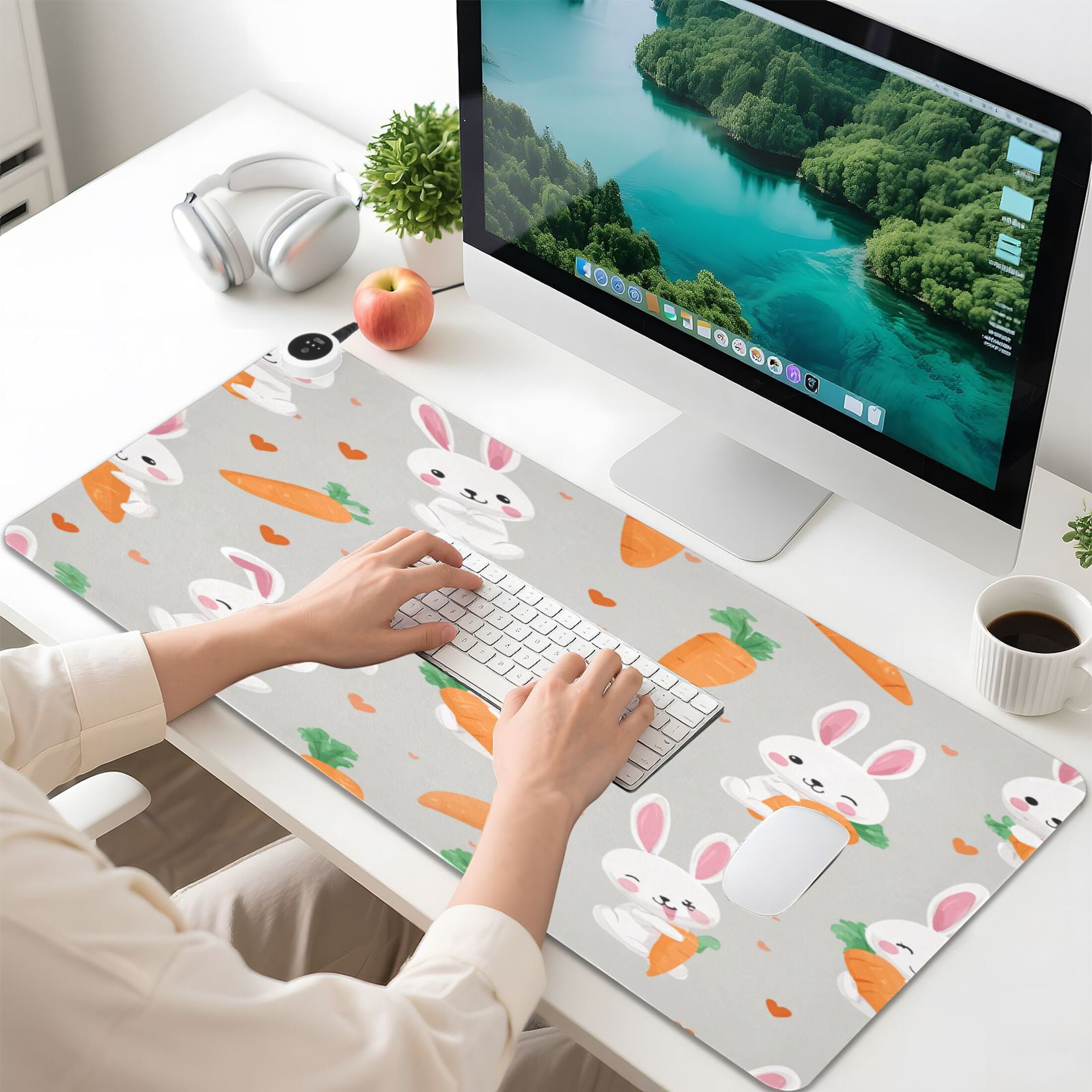 Large Heated Desk Mat Mouse Pad 31.5"x13"PU Leather Graphene Heating Desk Warmer with 3 Temperature Settings 110V US Plug Non-Slip Warm Pad for Home, Office, and Gaming Cute Bunny Carrot Print