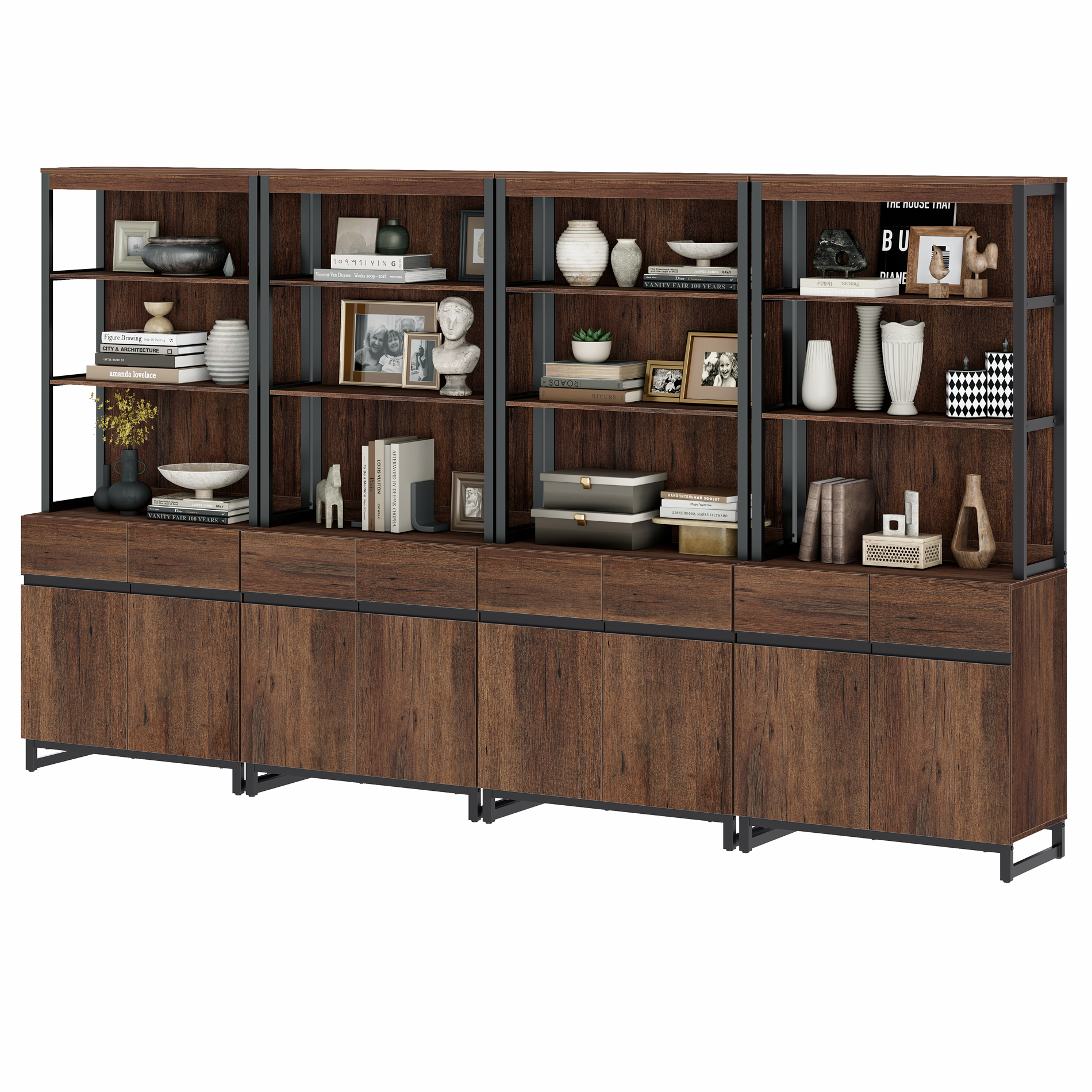 4 PCS Modern 72 Inch Tall Bookcase Units with Reinforced Metal Base, Large Library Bookshelf Set with Adjustable Shelves and Closed Storage Cabinet for Living Room Office