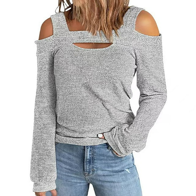 IROINID Clearance Ladies Long Sleeve T Shirts Causal Round Neck Leaky Shoulder Lightweight Sweatshirts Solid Color Hedging Tops,Gray
