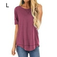 thumbnail image 1 of stanreset Women T-shirt Solid Color Stitching Top Asymmetrical Hem Blouse, Red, L, 1 of 7