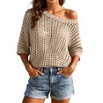 thumbnail image 3 of RongHuan Womens Summer Tops Scoop Neck Short Sleeve Sweater Casual Crochet Hollow Out Knit Pullover Shirts Beach Coverup, 3 of 7