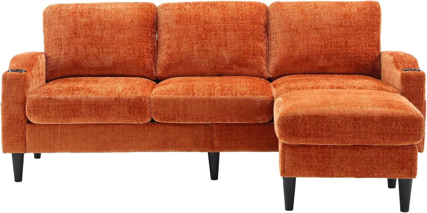 MOONMISS sofa 77.36" 3-seat, L -Shaped Sofa with Movable Ottoman for Living Room,Orange