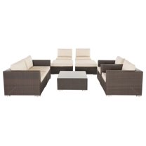 Avianna Outdoor Wicker 6 Seater Sofa Chat Set with Ottoman, Multibrown and Beige Fabric