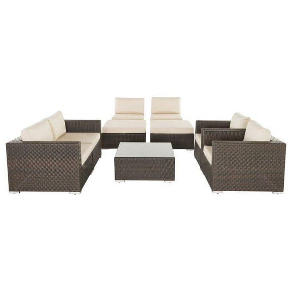 Avianna Outdoor Wicker 6 Seater Sofa Chat Set with Ottoman, Multibrown and Beige Fabric