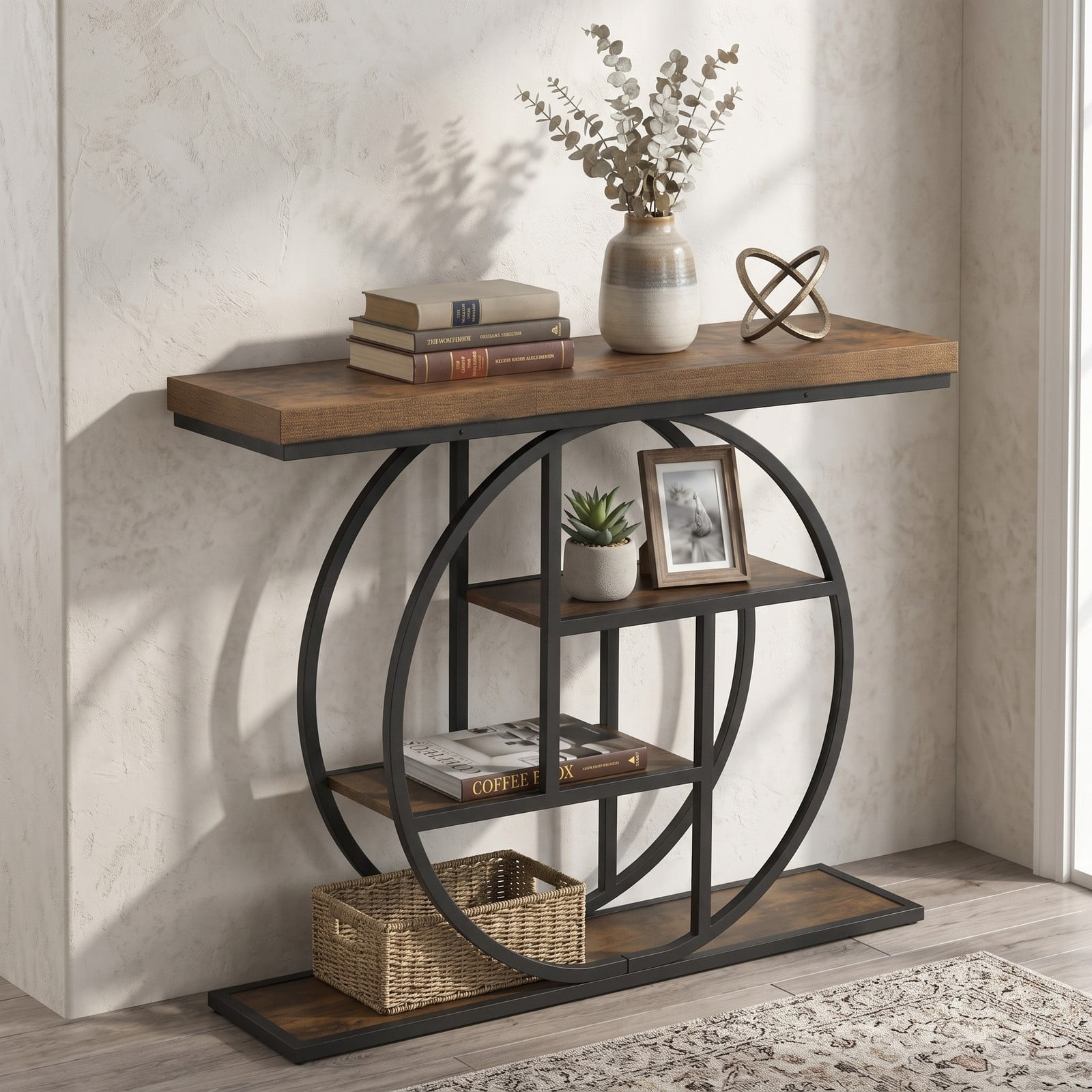 Furnibear 4-Tier Console Table 41 Inch Entryway Table with Open Storage Shelves and Round Metal Frame for Living Room, Brown