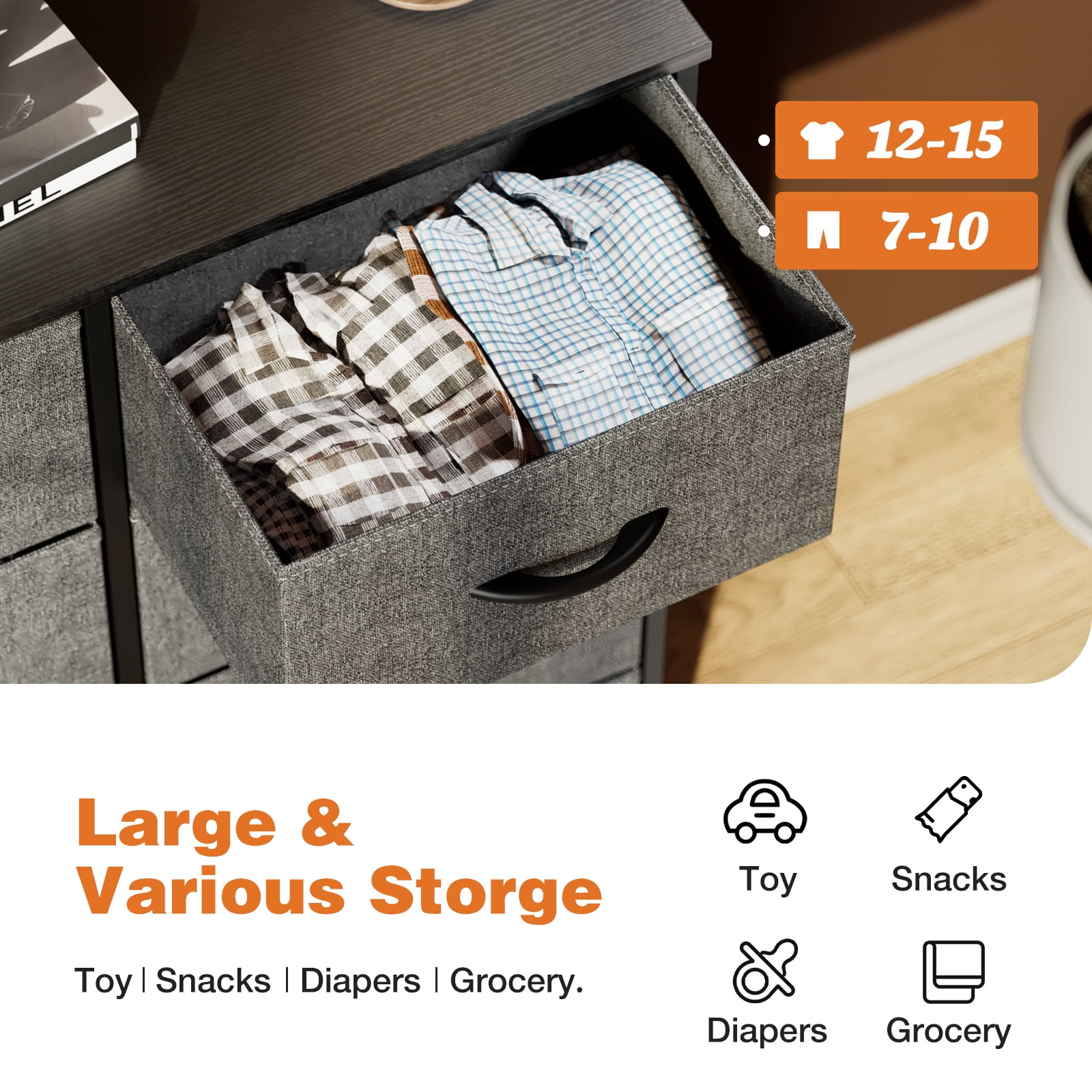 CONCETTA 8-Drawer Fabric Dresser Storage Chest for Bedroom, Closet, Entryway, Storage Furniture for Adults, Gray